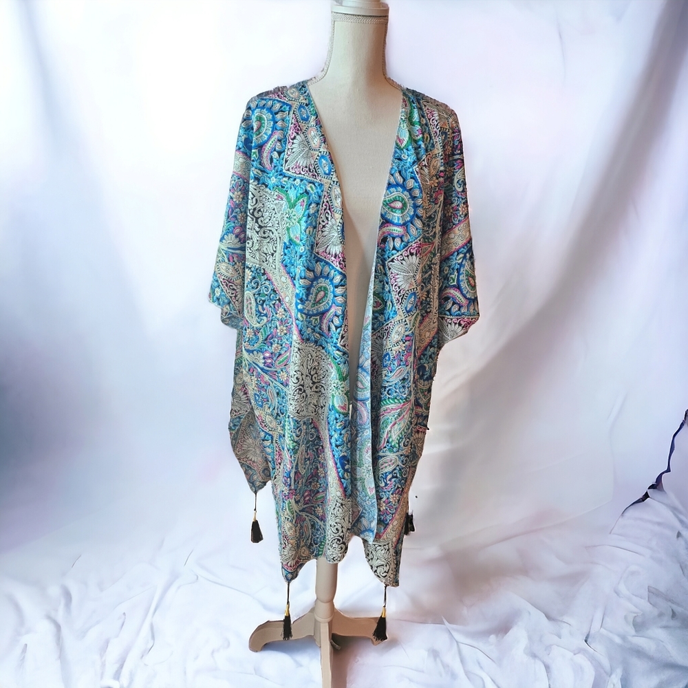 New! Blue Turquoise Paisley Boho Tassle Kimono Cover up